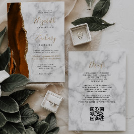 Convite Casamento Código QR em Mármore Ágata Dourado Laran