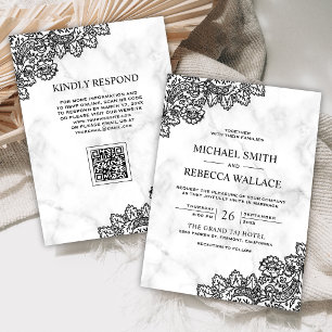 Convite Casamento Código QR em Mármore Branco e Renda Pret