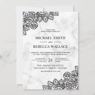 Convite Casamento Código QR em Mármore Branco e Renda Pret