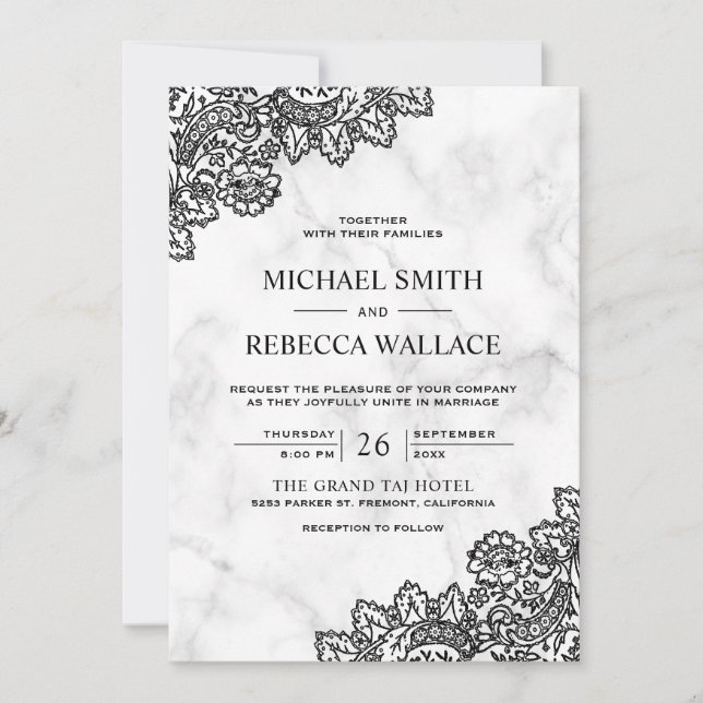 Convite Casamento Código QR em Mármore Branco e Renda Pret (Frente)