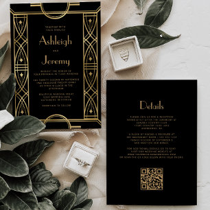 Convite Casamento Código QR em Moldura Vintage Deco Black 
