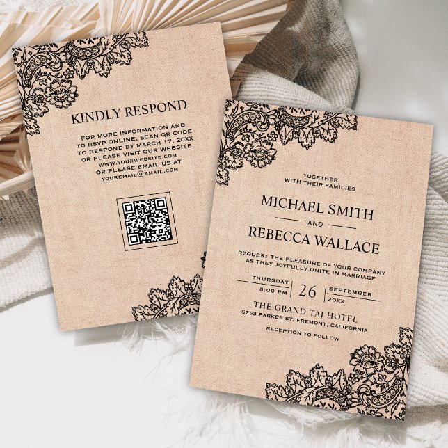Convite Casamento Código QR em Renda de Sarja Preta (Criador carregado)