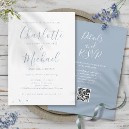 Convite Casamento Código QR em Script Elegante Azul Empoei