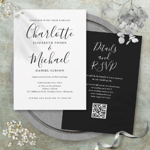 Convite Casamento Código QR em Script Elegante Preto e Bra
