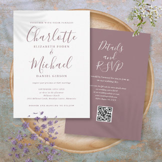Convite Casamento Código QR em Script Elegante Rosa