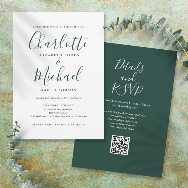 Convite Casamento Código QR em Script Elegante Verde Esmer (Emerald Green Elegant Script QR Code Wedding Invitation)