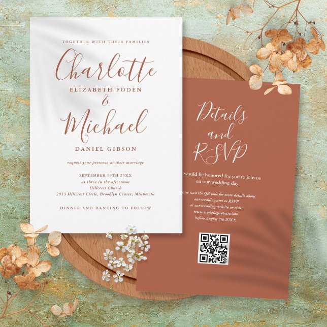 Convite Casamento Código QR em Terracota Elegante Script (Terracotta Elegant Script QR Code Wedding Invitation)