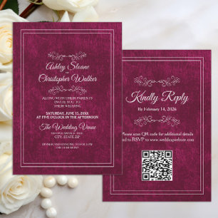 Convite Casamento Código QR em Veludo Burgundy Elegante Br
