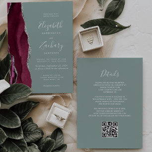 Convite Casamento Código QR em Verde Sage Ágata Prata Borg