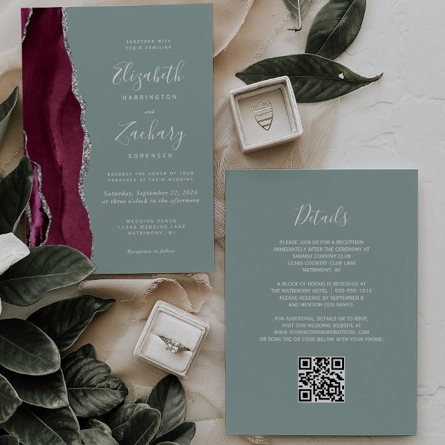 Convite Casamento Código QR em Verde Sage Ágata Prata Borg (Criador carregado)