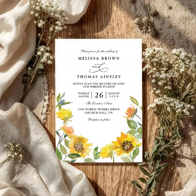 Convite Casamento Código QR Ensolarado Girassol Amarelo El (Criador carregado)