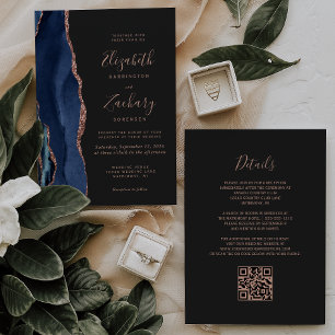 Convite Casamento Código QR Escuro Ágata Dourado Rosa Azul