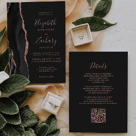 Convite Casamento Código QR Escuro Ágata Dourado Rosa Chic