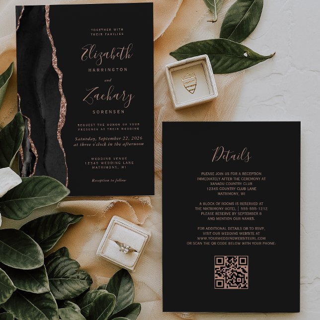 Convite Casamento Código QR Escuro Ágata Dourado Rosa Chic (Criador carregado)