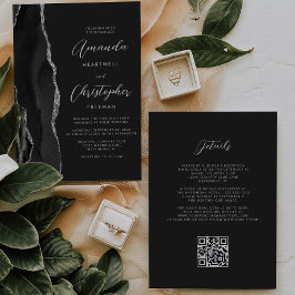 Convite Casamento Código QR Escuro Ágata Prata Preta