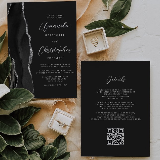 Convite Casamento Código QR Escuro Ágata Prata Preta (Criador carregado)