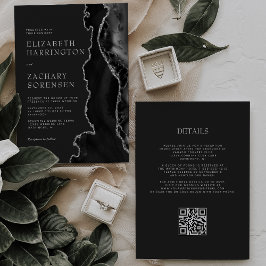 Convite Casamento Código QR Escuro Ágata Prata Preta