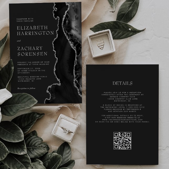 Convite Casamento Código QR Escuro Ágata Prata Preta (Criador carregado)
