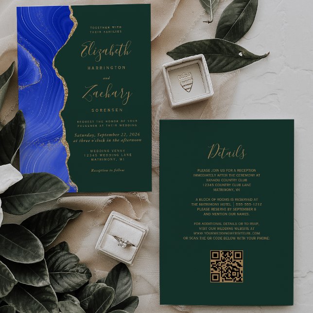 Convite Casamento Código QR Esmeralda Ágata Dourada Azul R (Criador carregado)