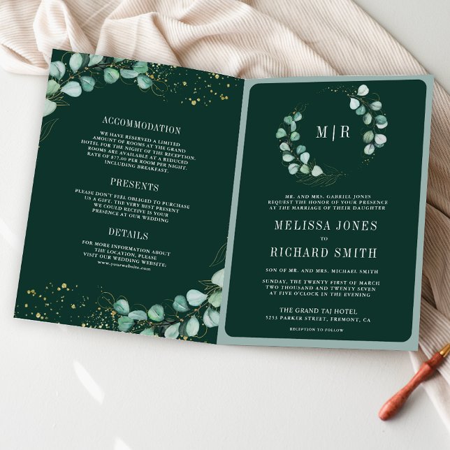 Convite Casamento Código QR Esmeralda Eucalipto Ouro Verde (Criador carregado)