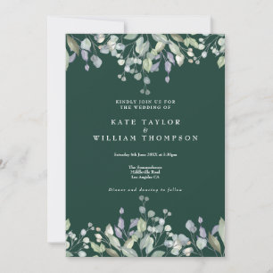 Convite Casamento Código QR Esmeralda Verde Folhagem Lilás