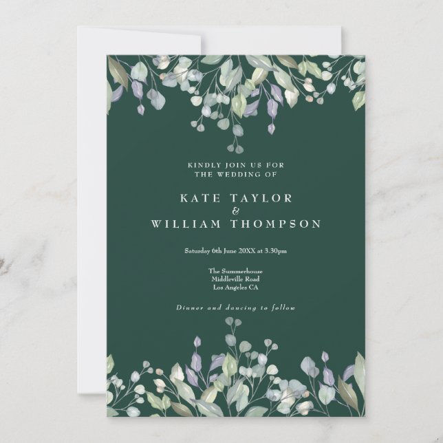 Convite Casamento Código QR Esmeralda Verde Folhagem Lilás (Frente)