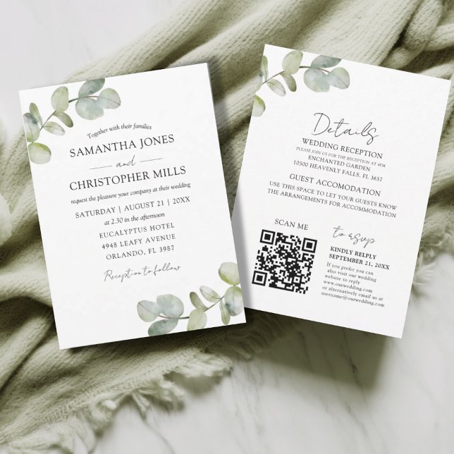 Convite Casamento Código QR Eucalipto Botânico Rústico (Criador carregado)