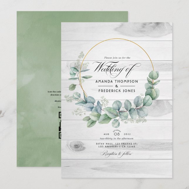 Convite Casamento Código QR Eucalipto Country Celeiro Rúst (Frente/Verso)
