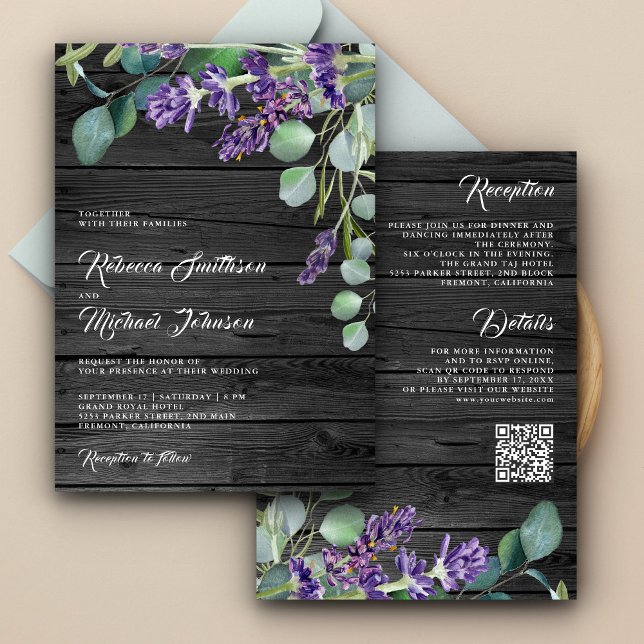 Convite Casamento Código QR Eucalipto Lavanda Madeira Rúst (Criador carregado)
