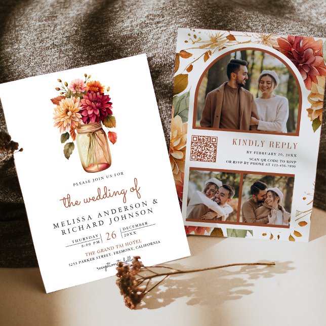 Convite Casamento Código QR Flor de Dália em Pote de Pedra (Criador carregado)