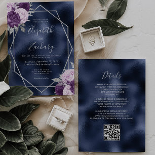 Convite Casamento Código QR Flor de Lilás em Folha de Prat