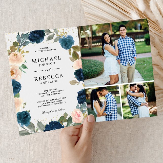 Convite Casamento Código QR Flor de Pêssego Azul Marinho e (Criador carregado)