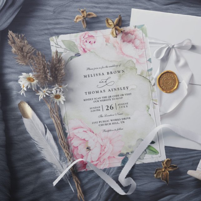 Convite Casamento Código QR Flor Greenery Elegante Rosa (Criador carregado)