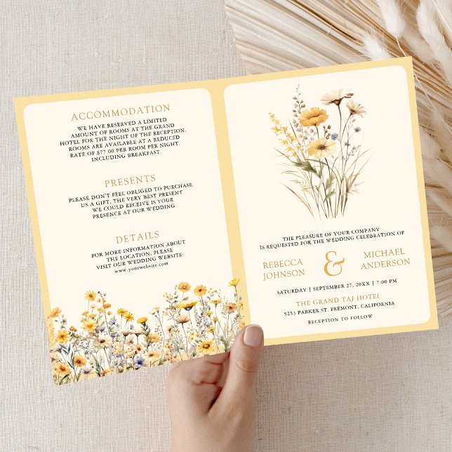 Convite Casamento Código QR Flor Silvestre Boho Amarelo (Criador carregado)