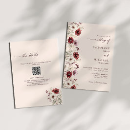 Convite Casamento Código QR Flor Silvestre Borgonha