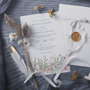 Convite Casamento Código QR Flor Silvestre Rosa Bege Azul 