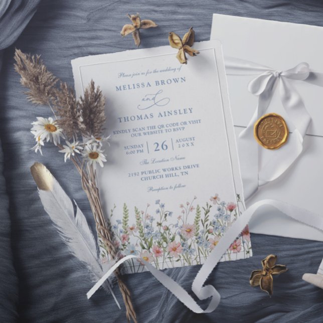 Convite Casamento Código QR Flor Silvestre Rosa Bege Azul  (Criador carregado)