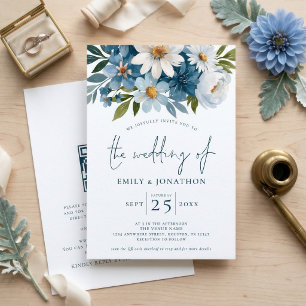 Convite Casamento Código QR Florais Azuis Aquarela