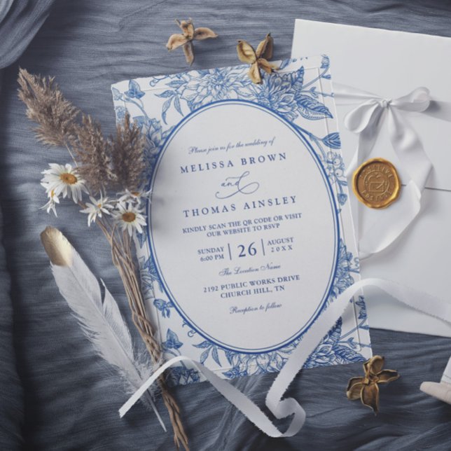 Convite Casamento Código QR Florais Botânicos Aquarela Azu (Criador carregado)