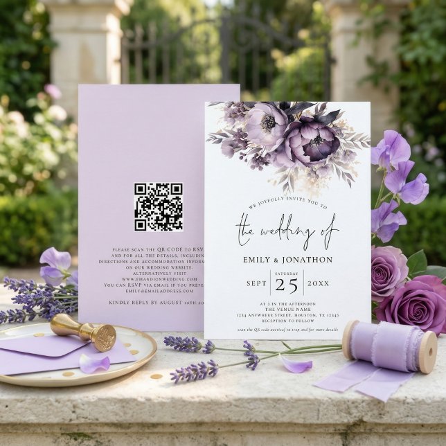 Convite Casamento Código QR Florais Lilás Roxo Elegante (Criador carregado)