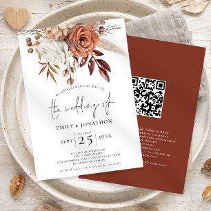 Convite Casamento Código QR Florais Terracota Rústico