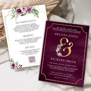 Convite Casamento Código QR Floral Ampersand Ameixa Rosa