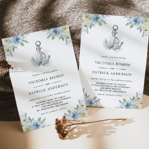 Convite Casamento Código QR Floral Âncora Náutica Aquarela