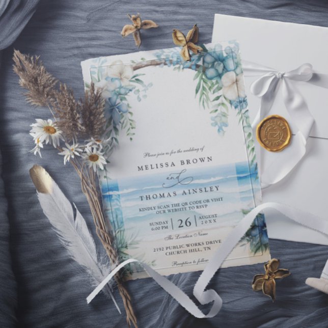 Convite Casamento Código QR Floral Aquarela Boho Praia (Criador carregado)