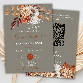 Convite Casamento Código QR Floral Aquarela Outono Cinza