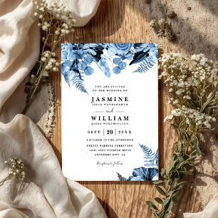 Convite Casamento Código QR Floral Azul Boho Elegante Mode
