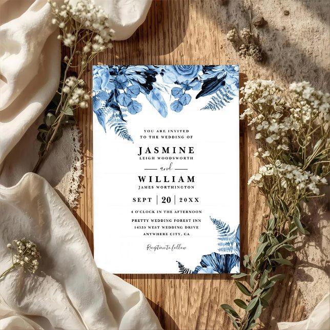 Convite Casamento Código QR Floral Azul Boho Elegante Mode (Criador carregado)