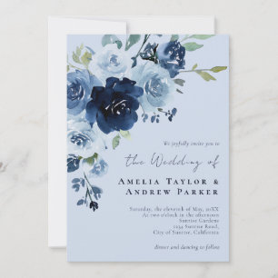 Convite Casamento Código QR Floral Azul Desbotado Rosa Nav