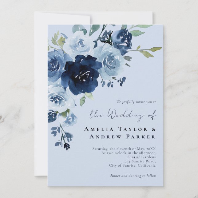 Convite Casamento Código QR Floral Azul Desbotado Rosa Nav (Frente)