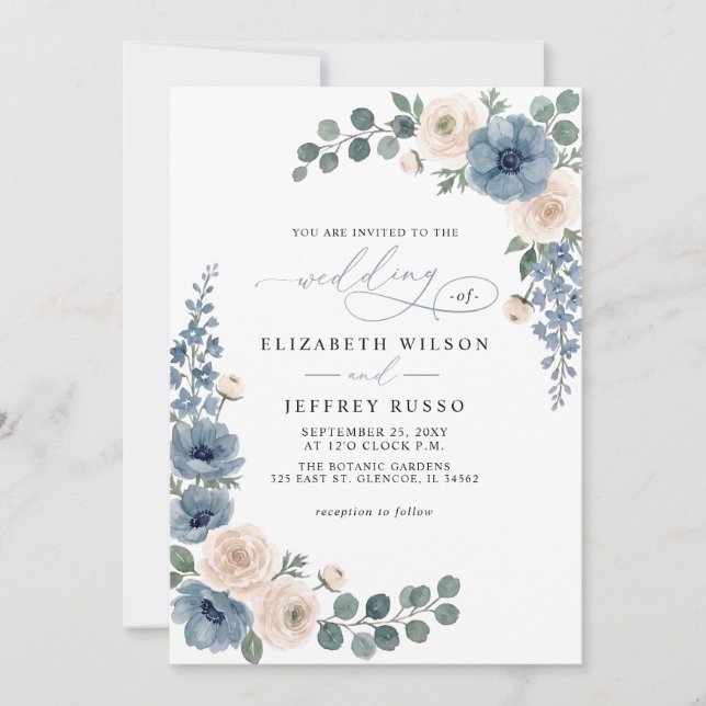 Convite Casamento Código QR Floral Azul Empoeirado Marfim  (Frente)